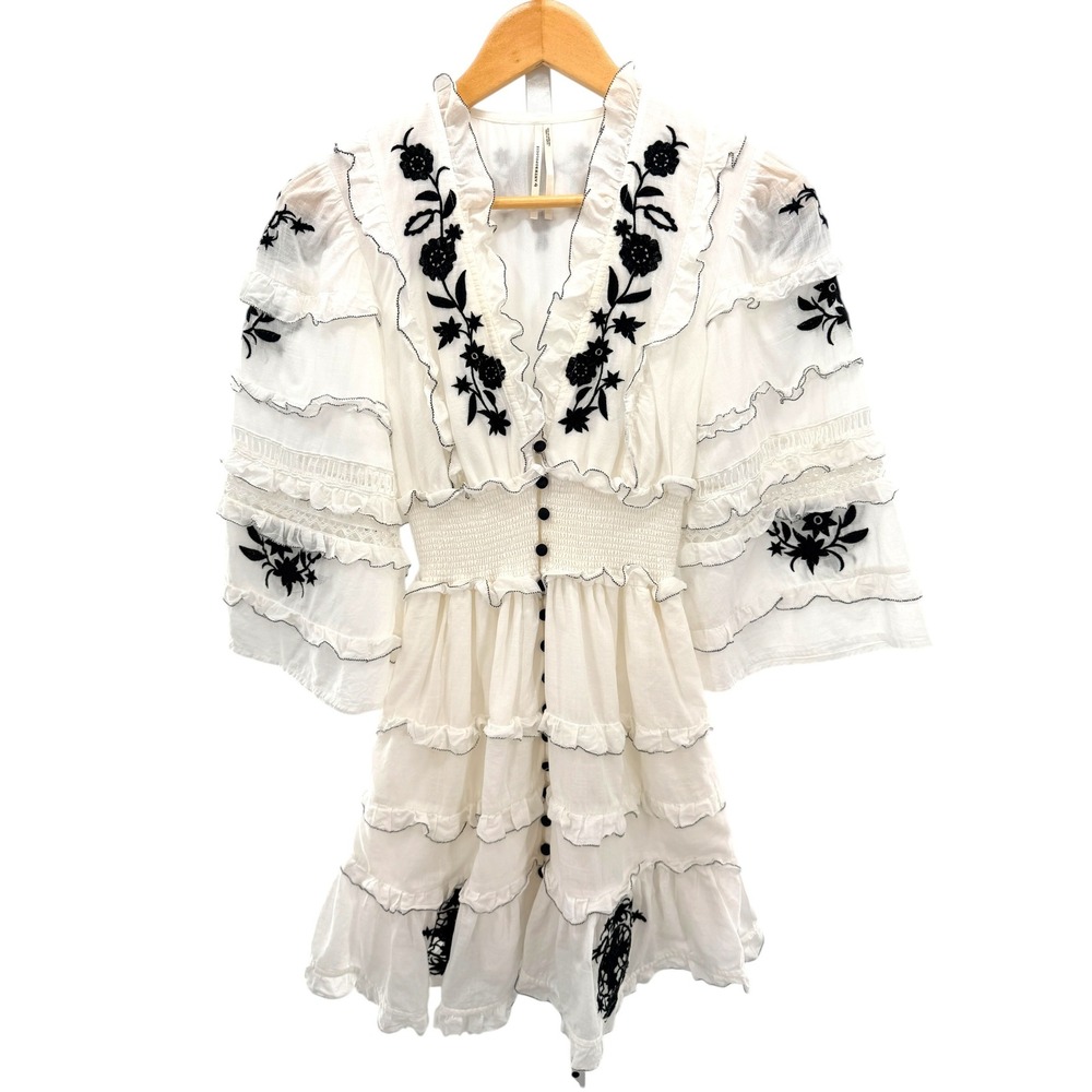 Anthropologie Embroidered V-Neck Ruffled Mini Dress White Black Floral XXS - Picture 4 of 10